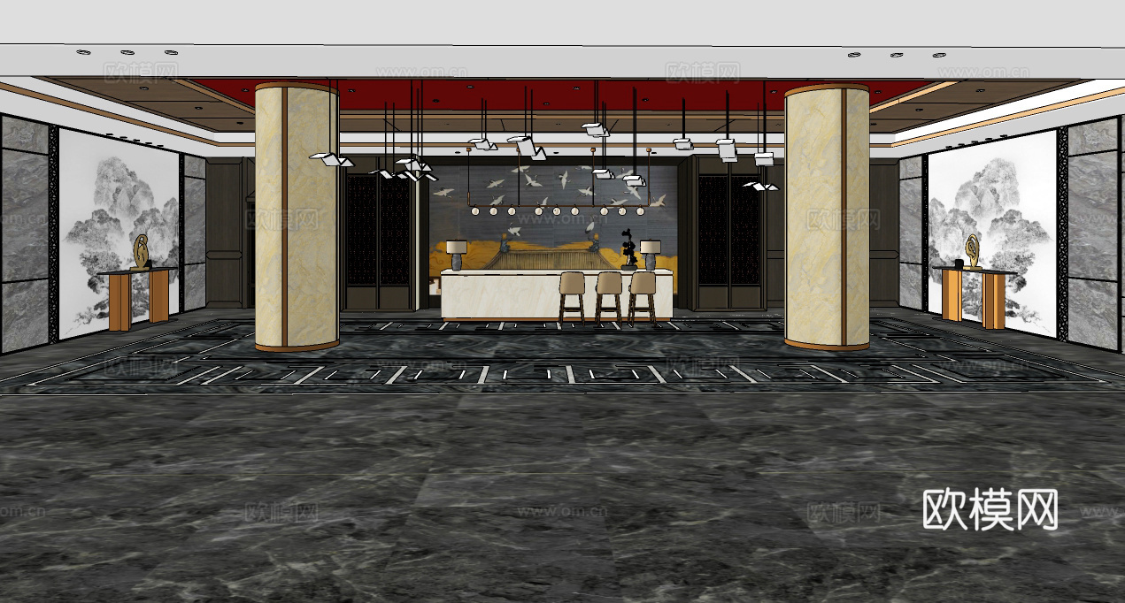 新中式酒店大堂su模型下载