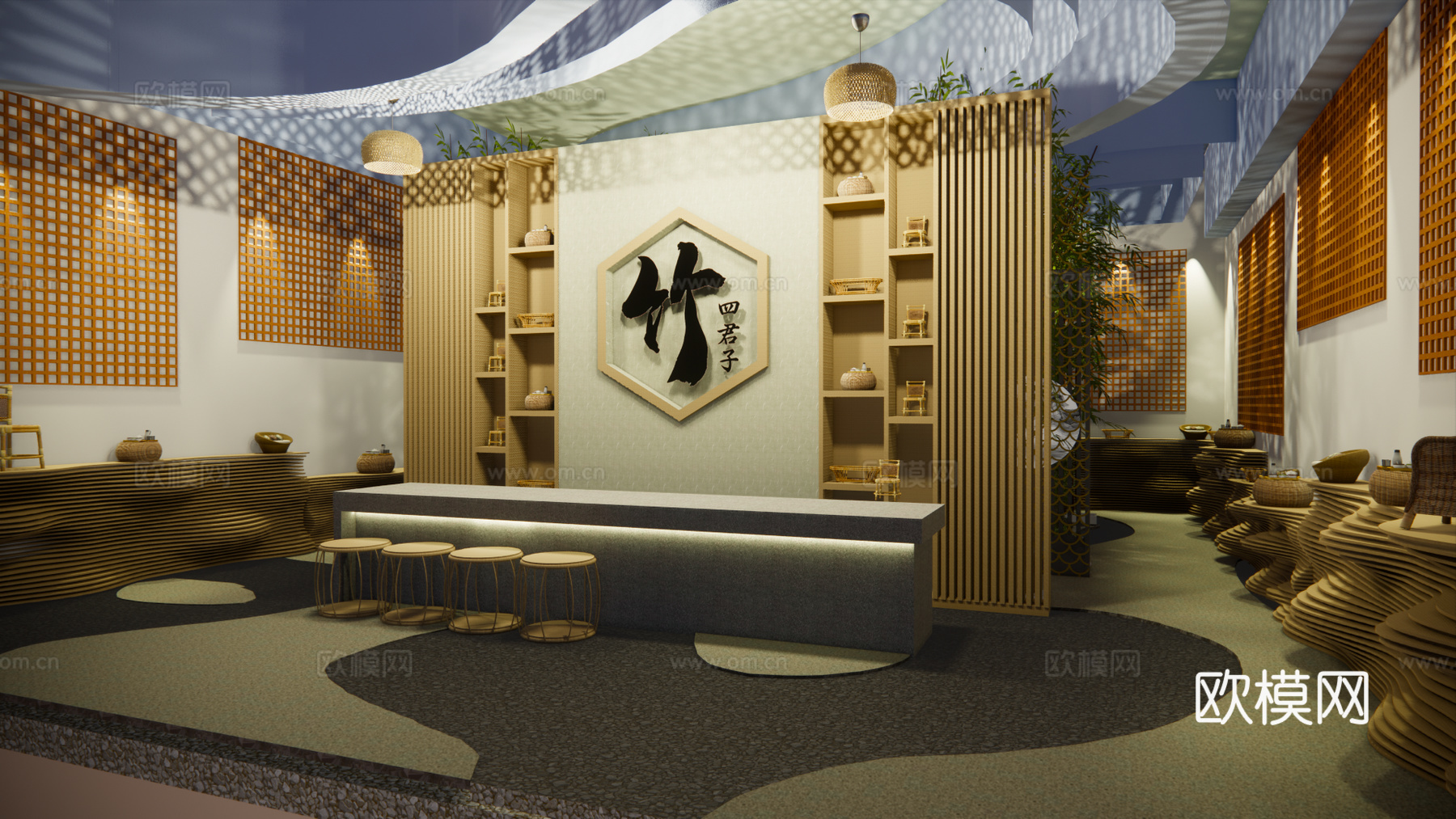 新中式竹文化展厅展馆su模型下载
