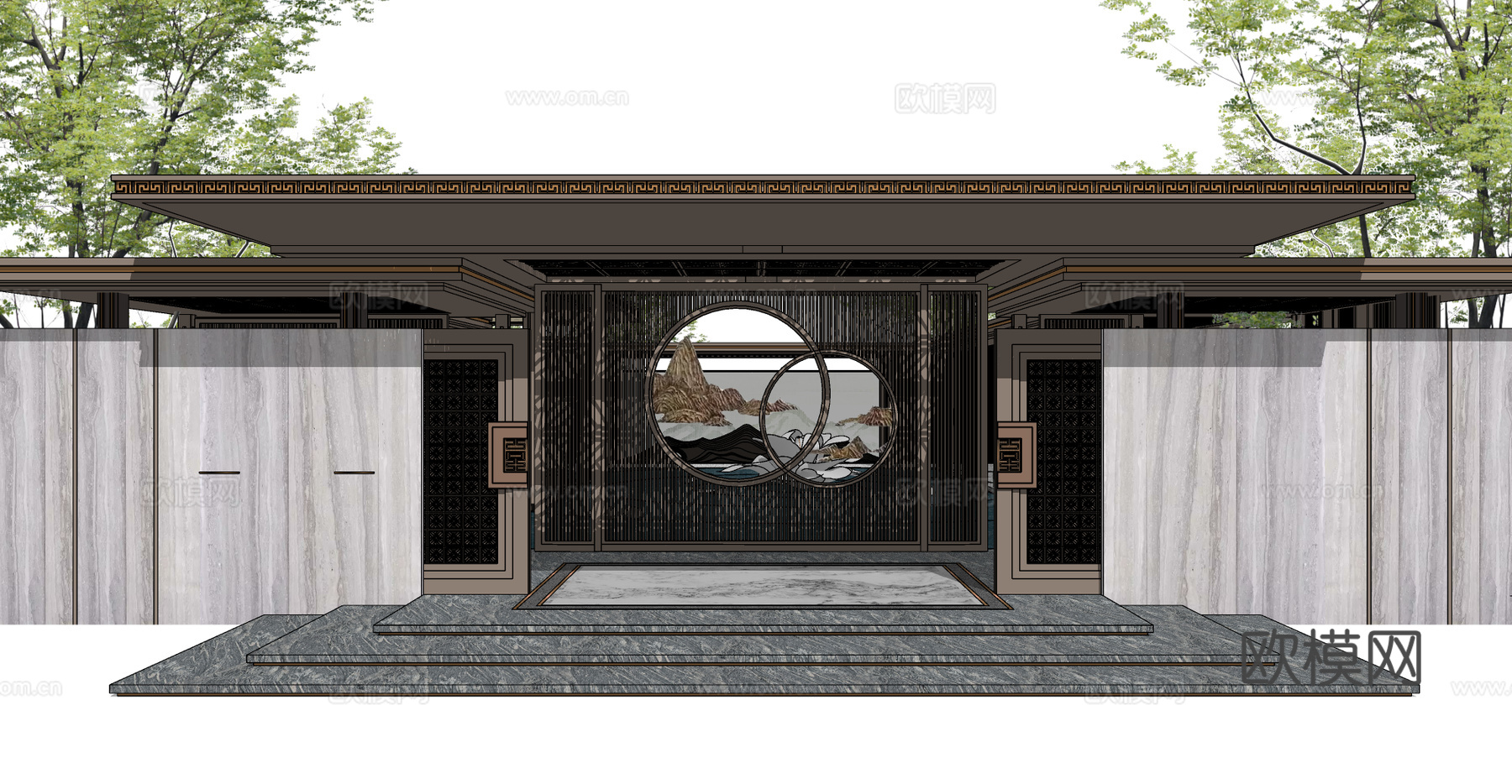 新中式小区入口大门su模型下载