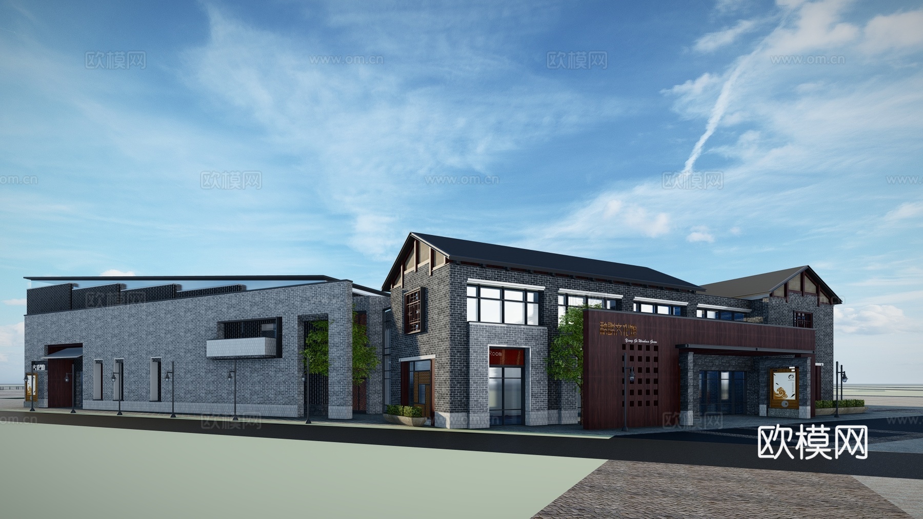 新中式博物馆建筑外观su模型下载