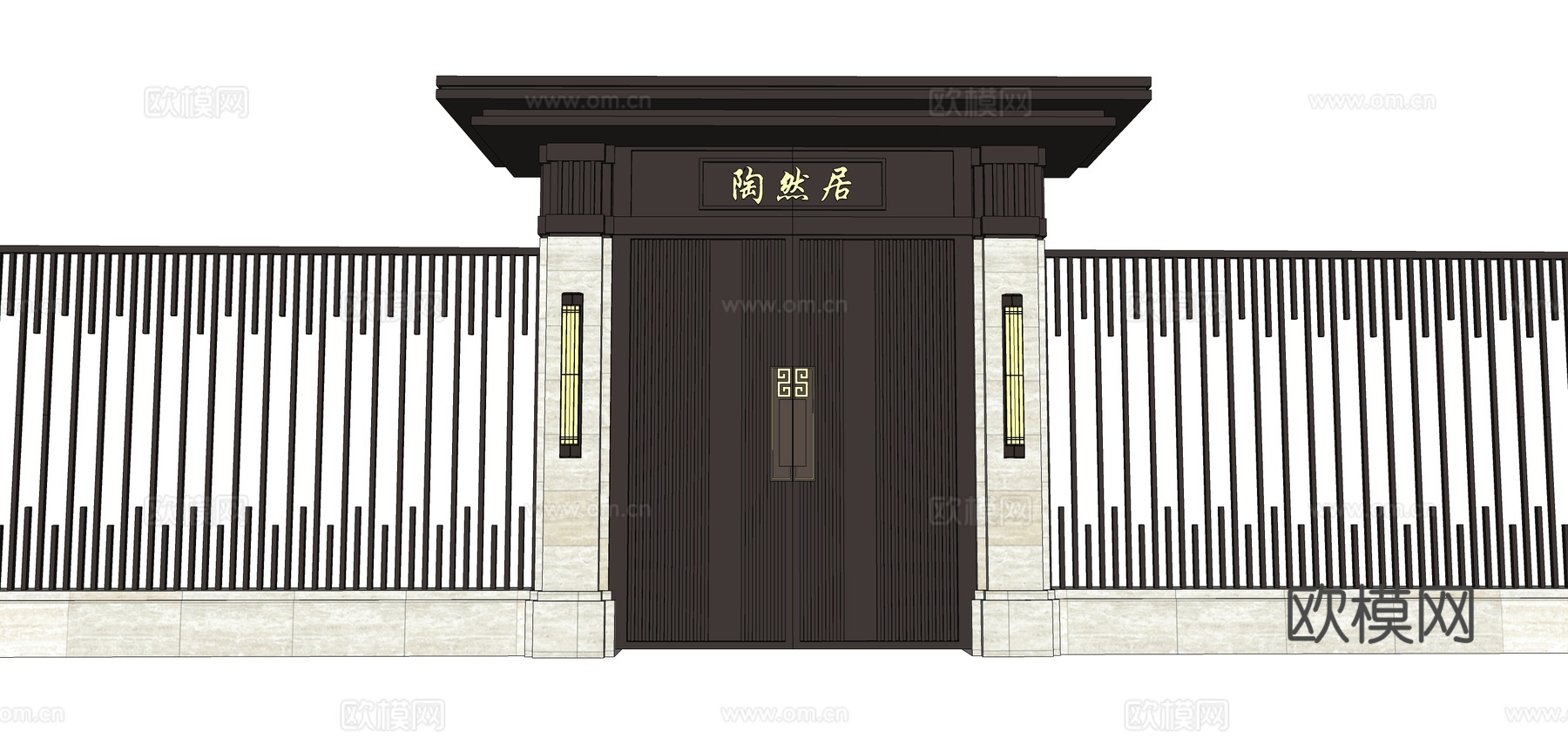 新中式围墙庭院门su模型下载