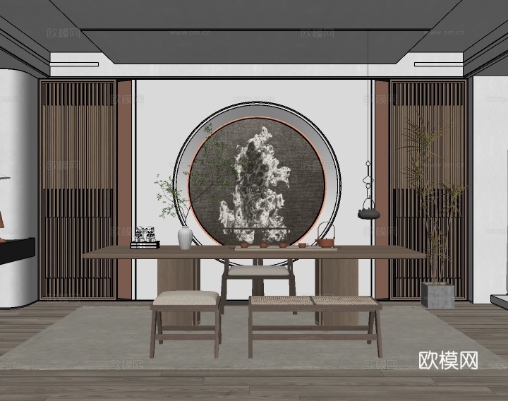 新中式茶室su模型下载