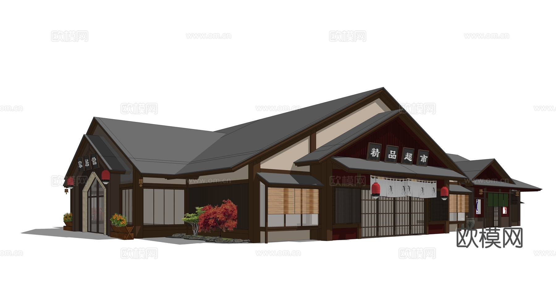 新中式店铺建筑外观su模型下载