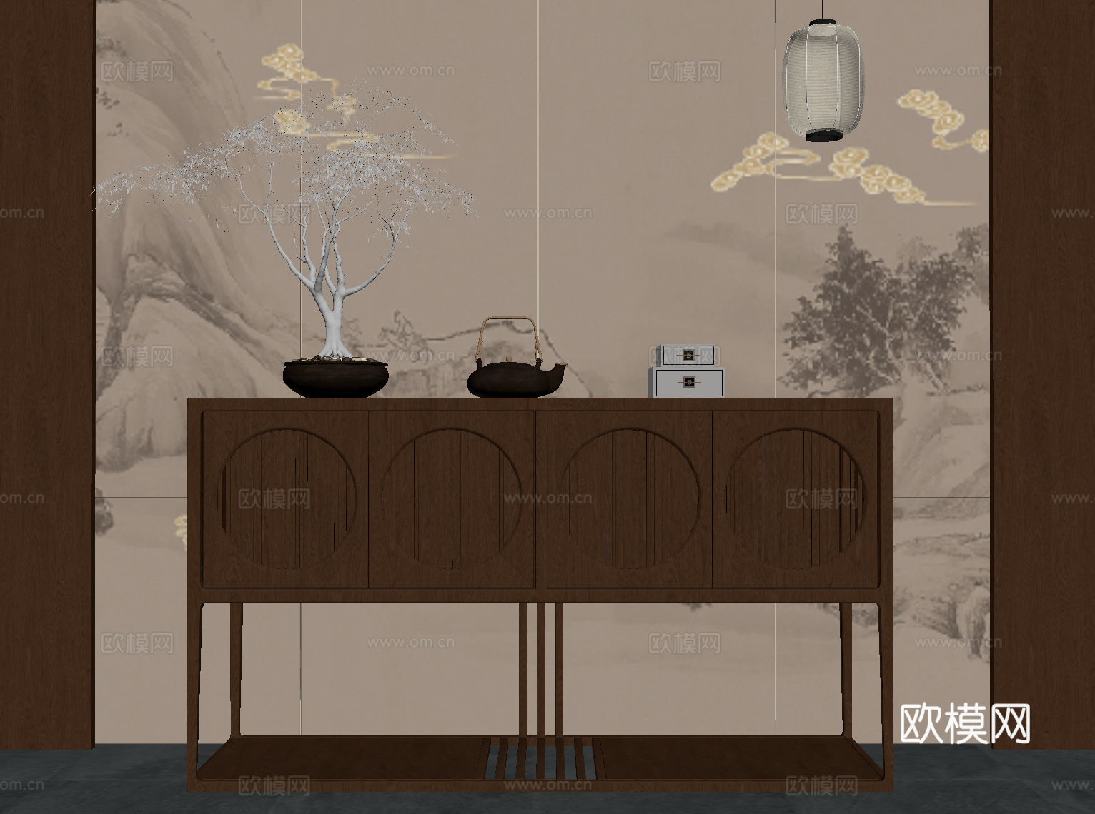 05新中式边柜 装饰柜 玄关柜 落地灯 吊灯 装饰画su模型