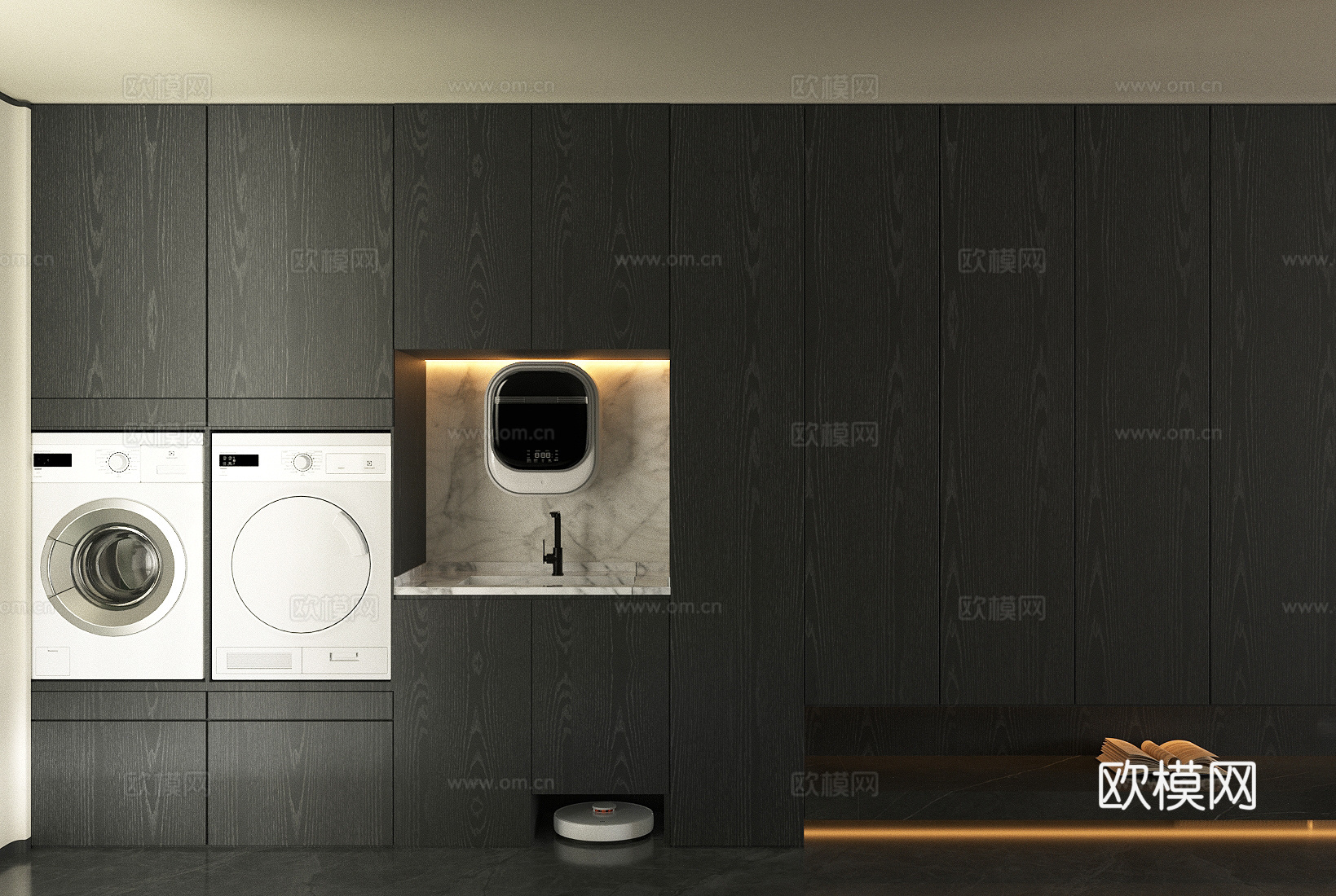原木风阳台洗衣机柜 壁挂洗衣机 洗手台 烘干机 扫地机器人3d模型