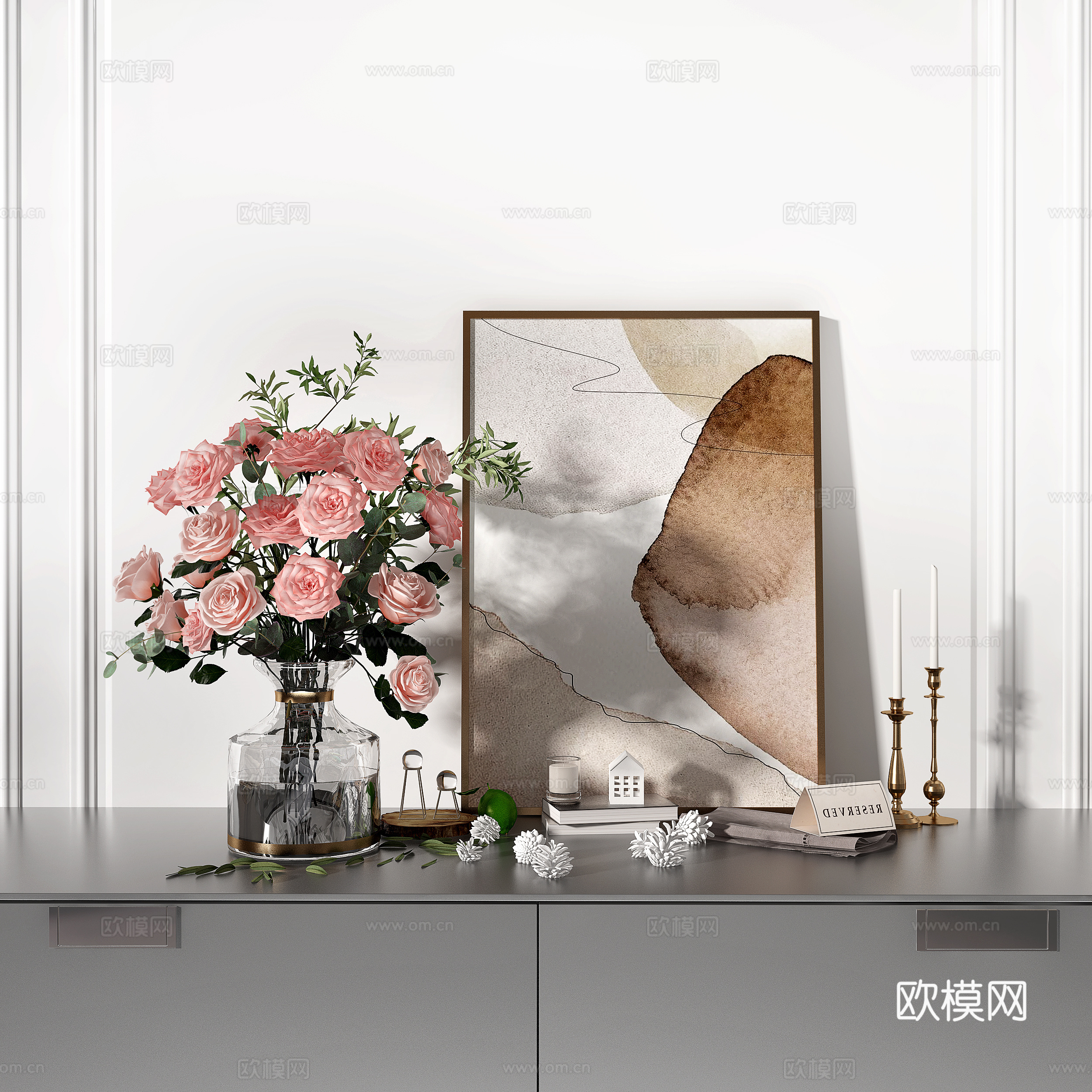 现代插花相框饰品摆件su模型下载