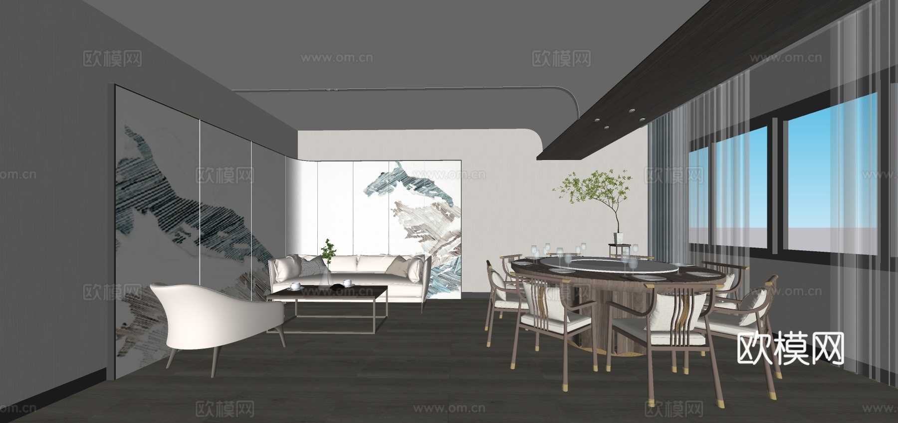 新中式餐厅包房su模型下载