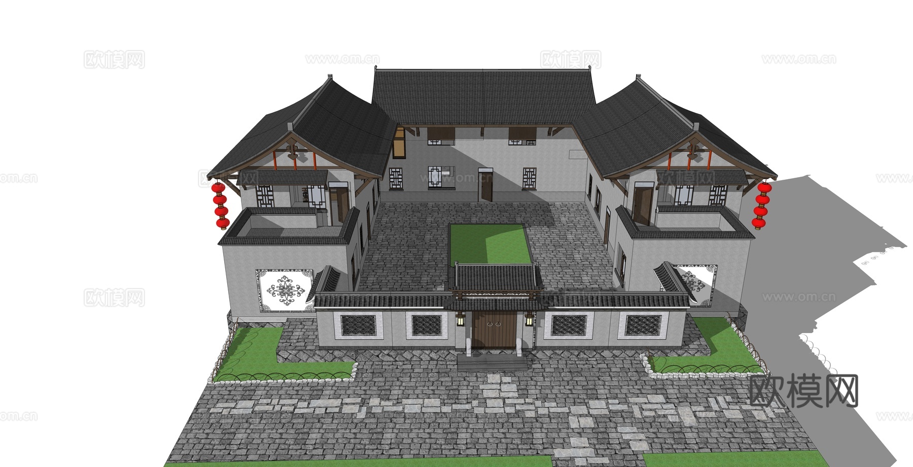 新中式古建民宿建筑外观su模型下载