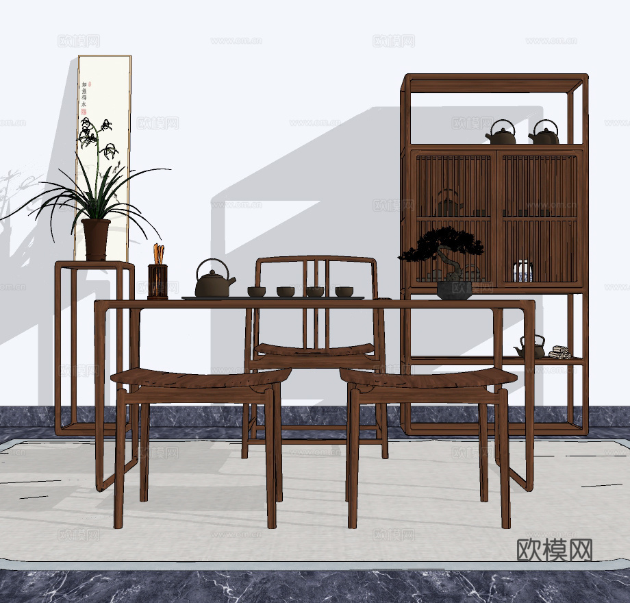 新中式实木茶桌椅su模型下载