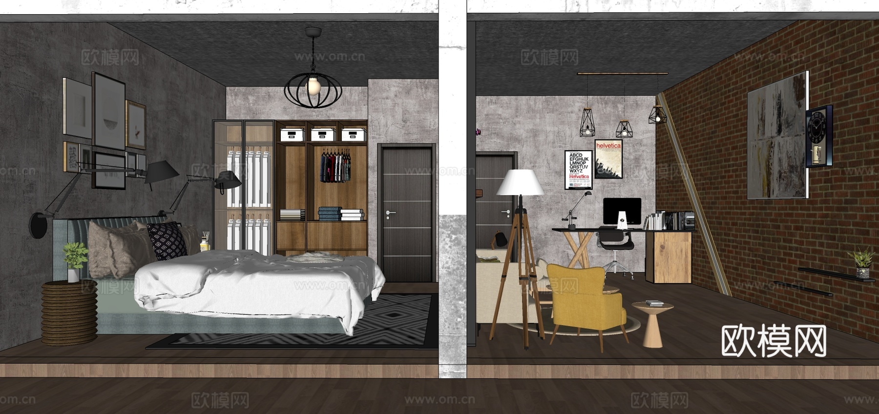 工业风卧室su模型下载下载