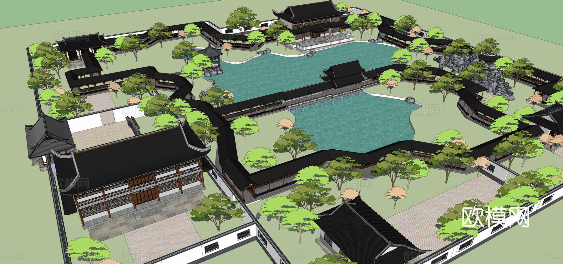中式古建筑外观su模型下载