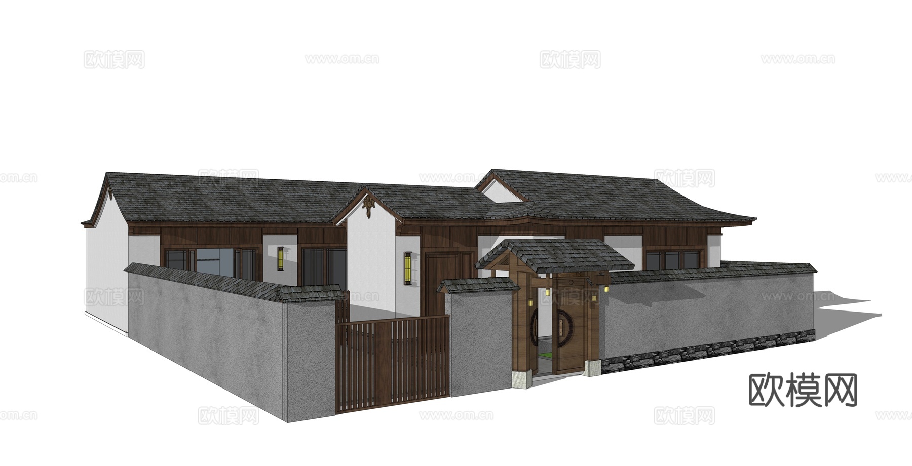 新中式民宿建筑外观su模型下载