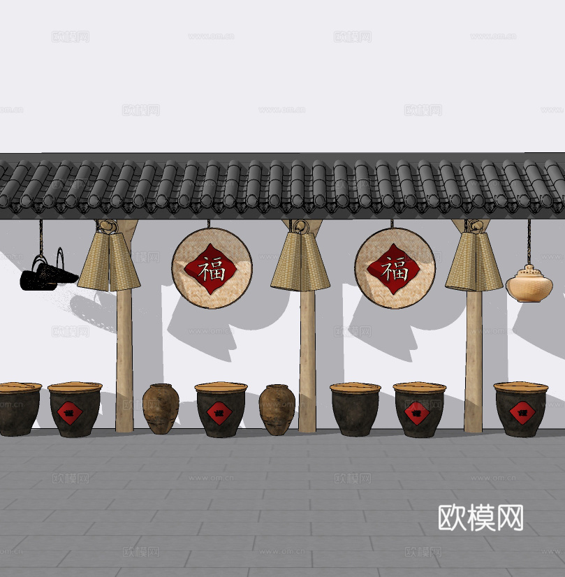 新中式乡村围墙酒缸生活用品su模型下载