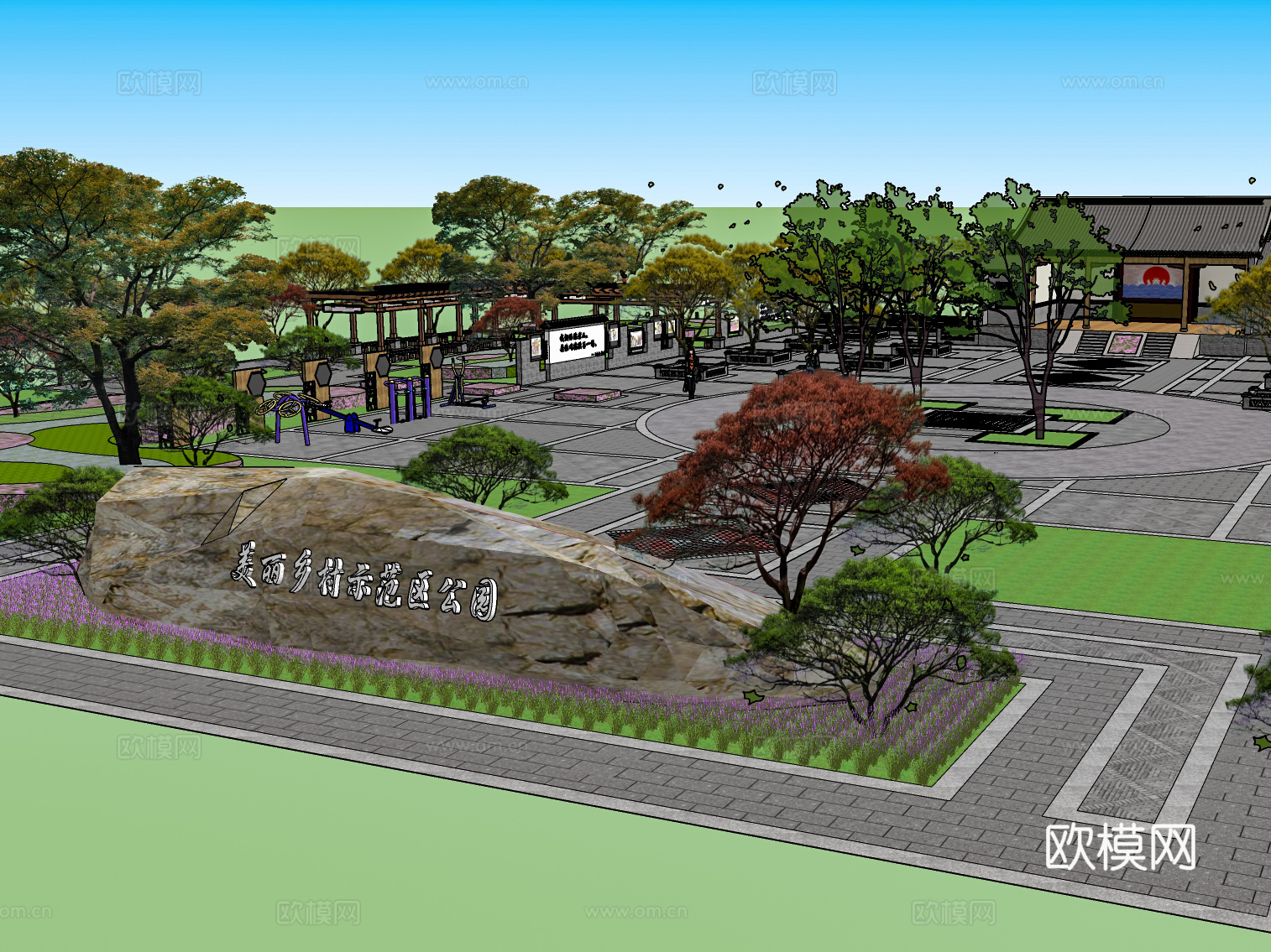 新中式乡村公园景观su模型下载