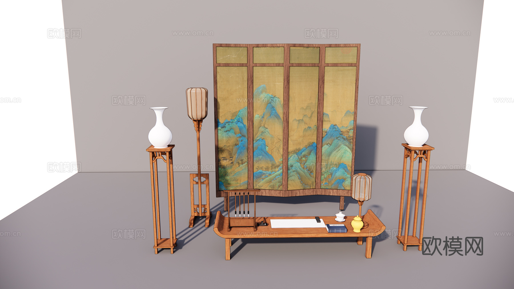 中式水墨画屏风su模型下载