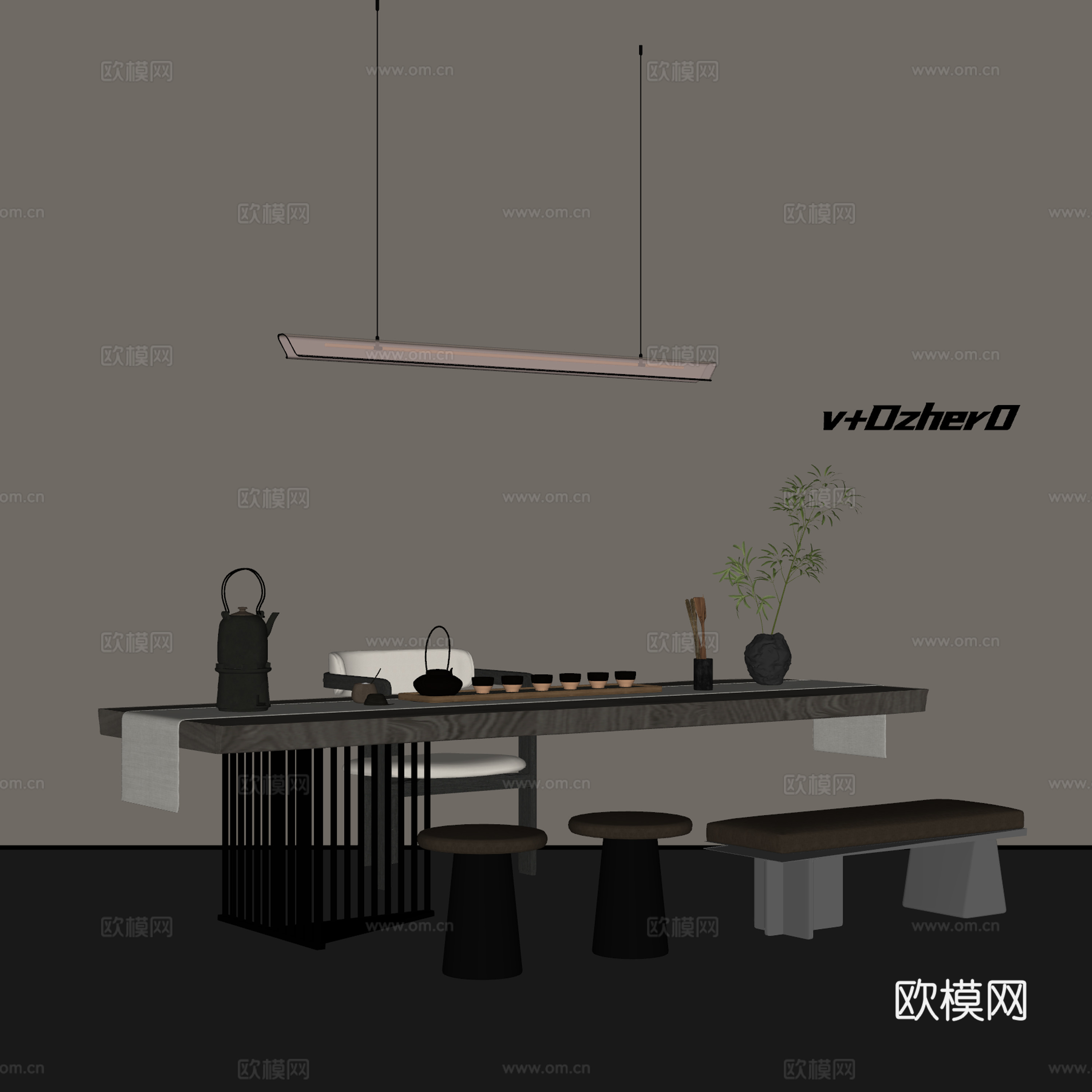 新中式茶桌椅su模型