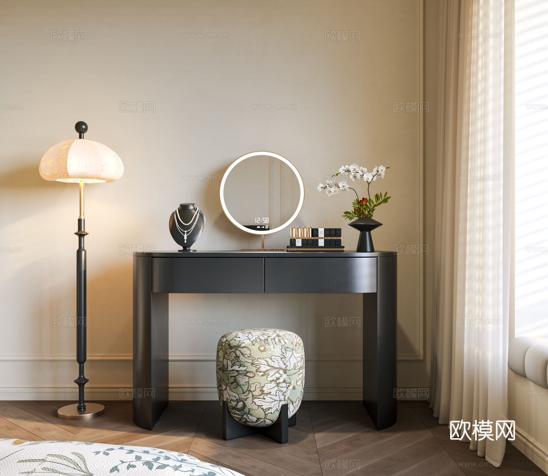 现代中古梳妆台 梳妆椅 化妆镜 妆台妆凳组合 中古边几 中古3d模型