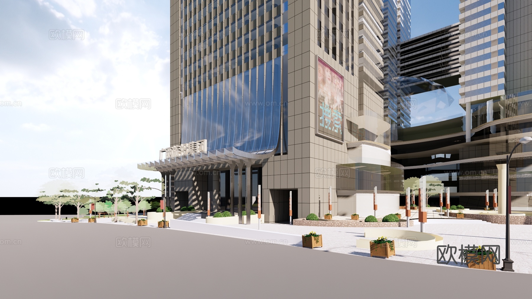 现代城市商务酒店建筑外观su模型下载