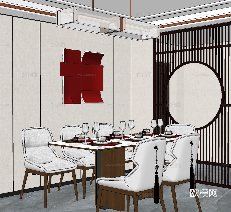 新中式餐厅su模型下载