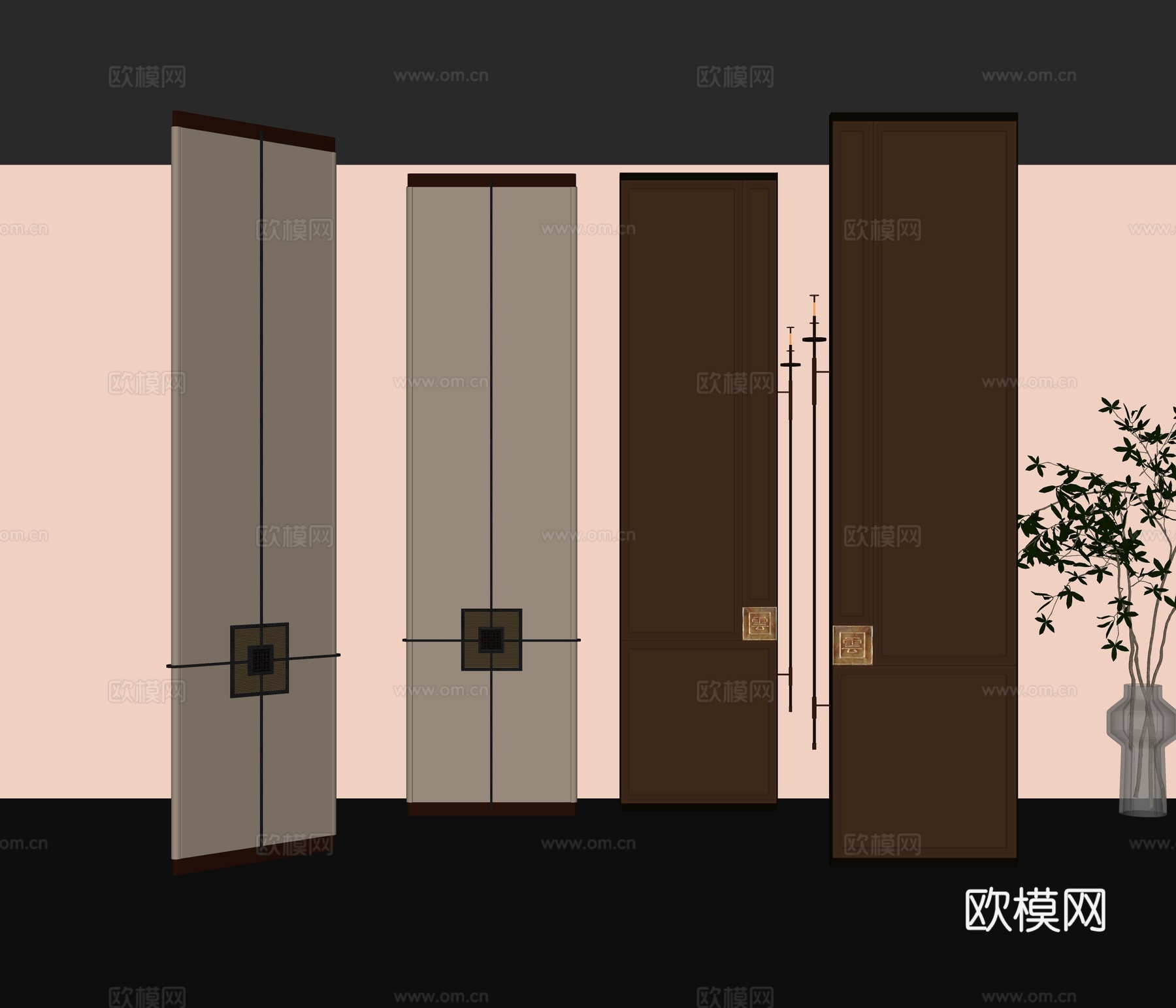 新中式轻奢屏风隔断su模型