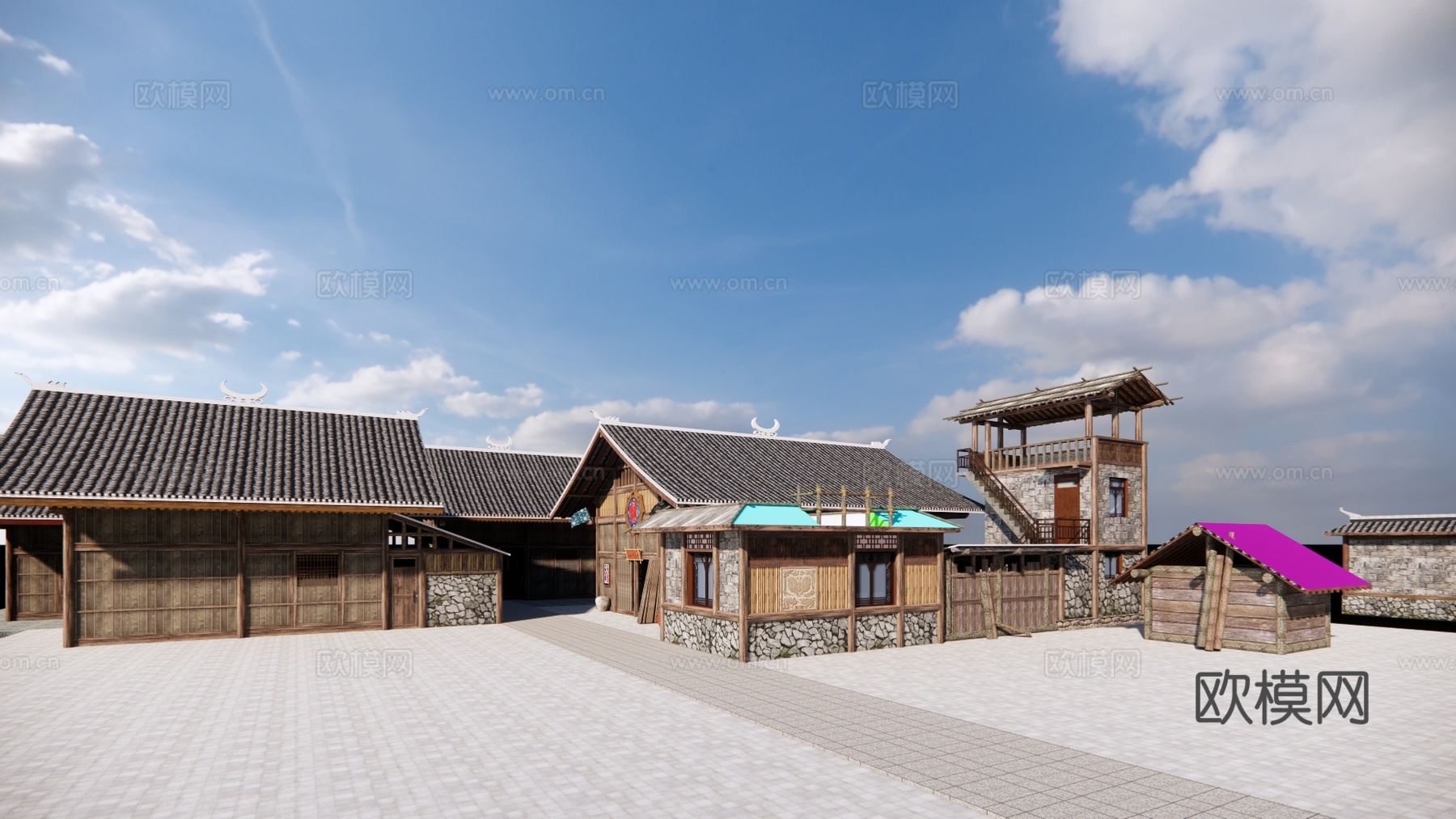 新中式乡村民房民宿建筑外观su模型下载