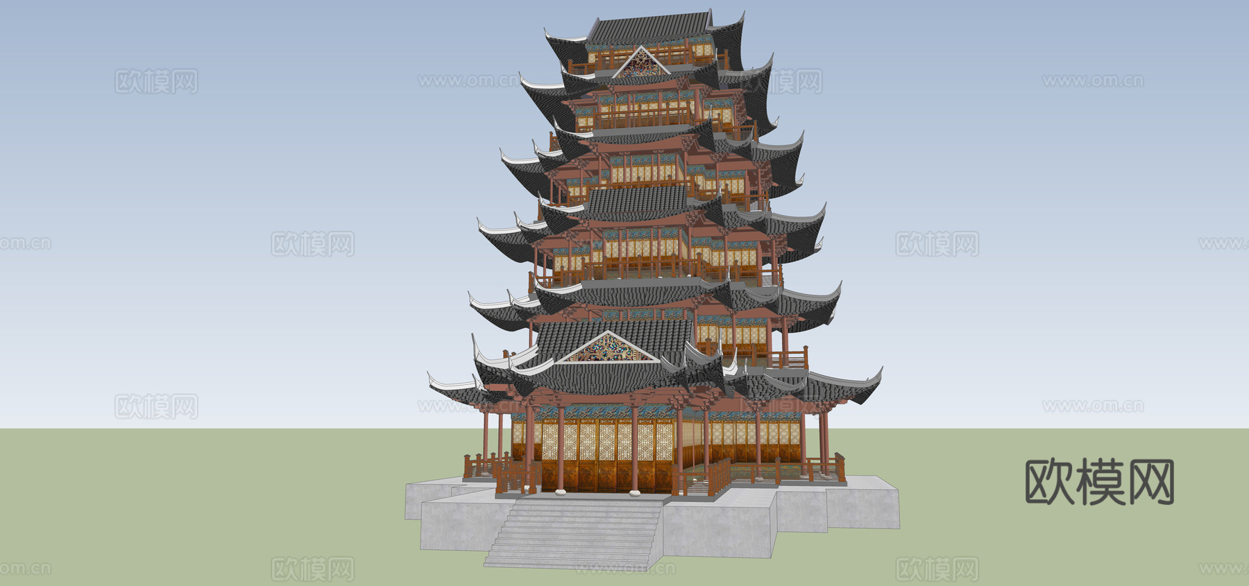 中式古建飞檐寺su模型下载