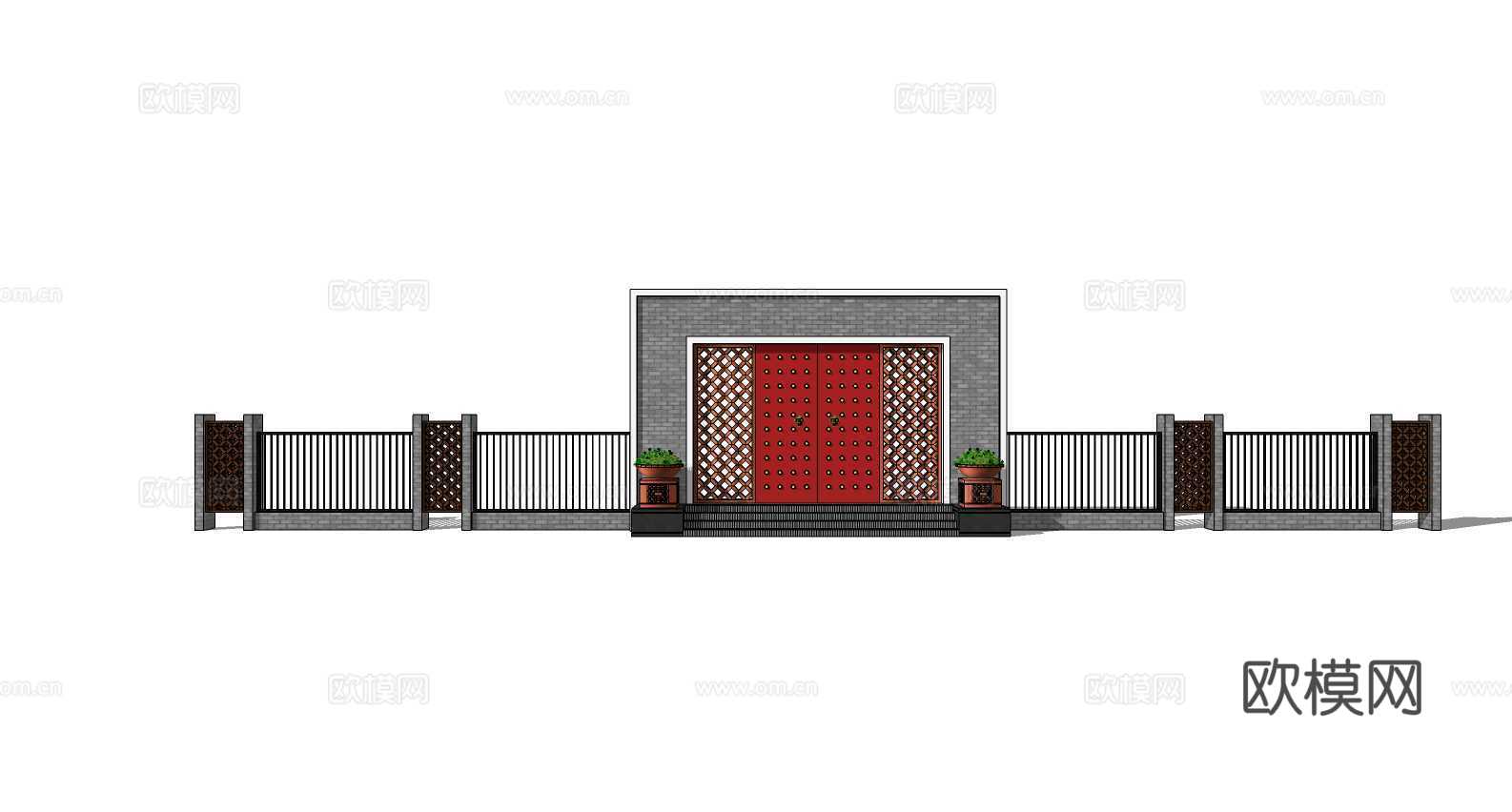 新中式庭院大门入口su模型下载
