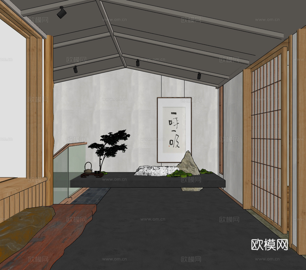 新中式茶楼玄关过道su模型下载