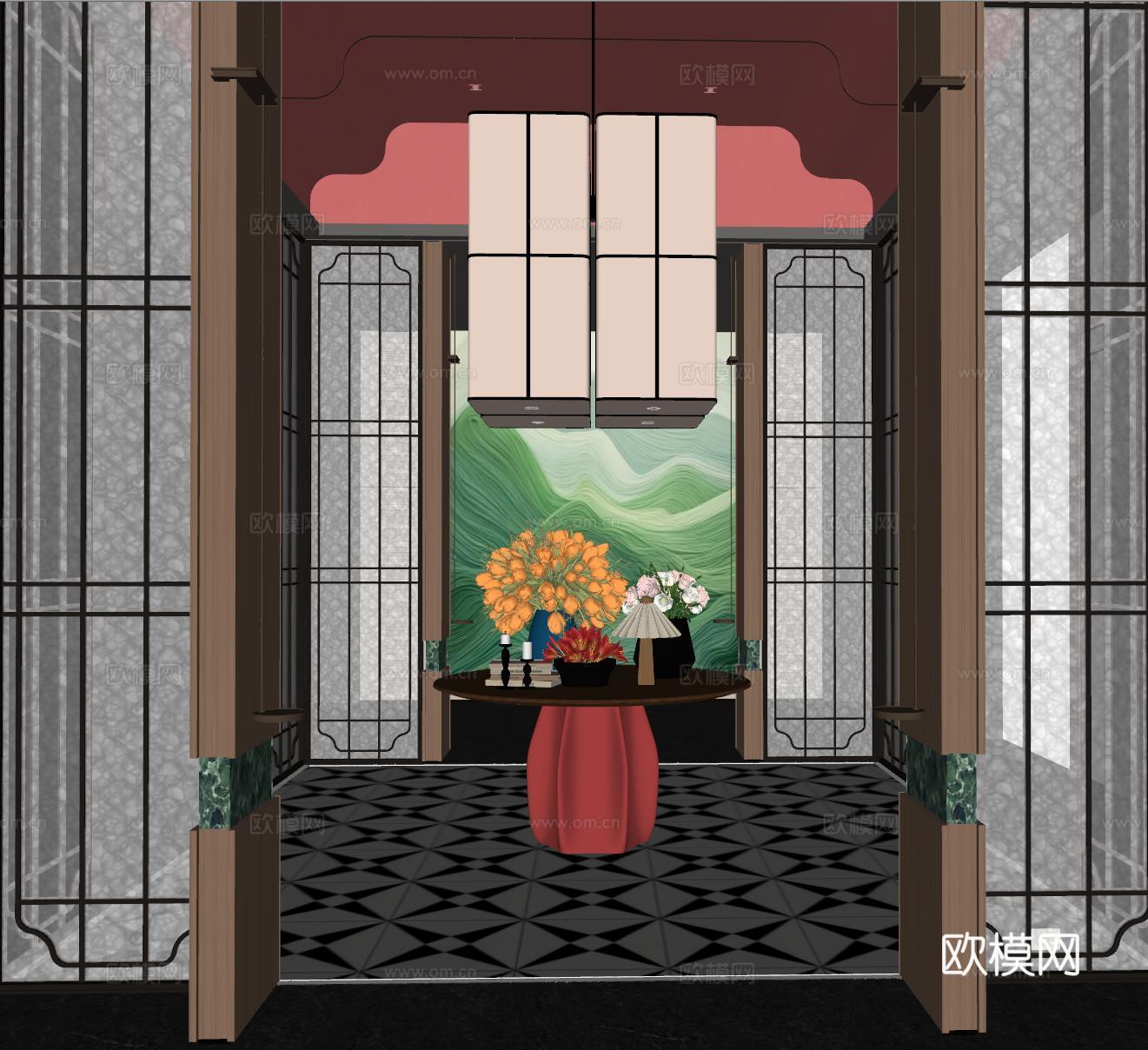 现代大厅 酒店大厅 会所大厅 花艺摆台组合 屏风隔断su模型