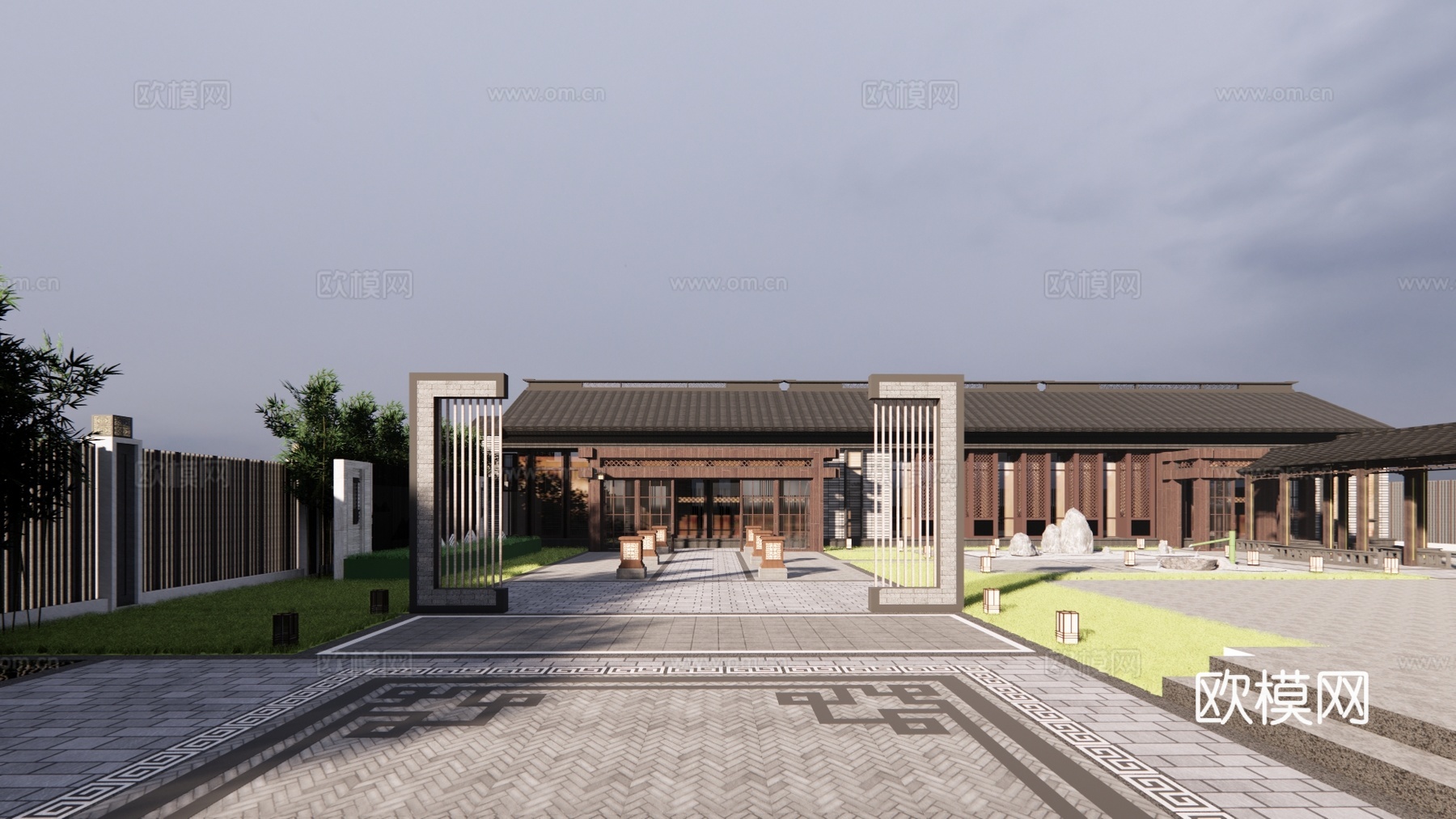 新中式古建外观su模型下载