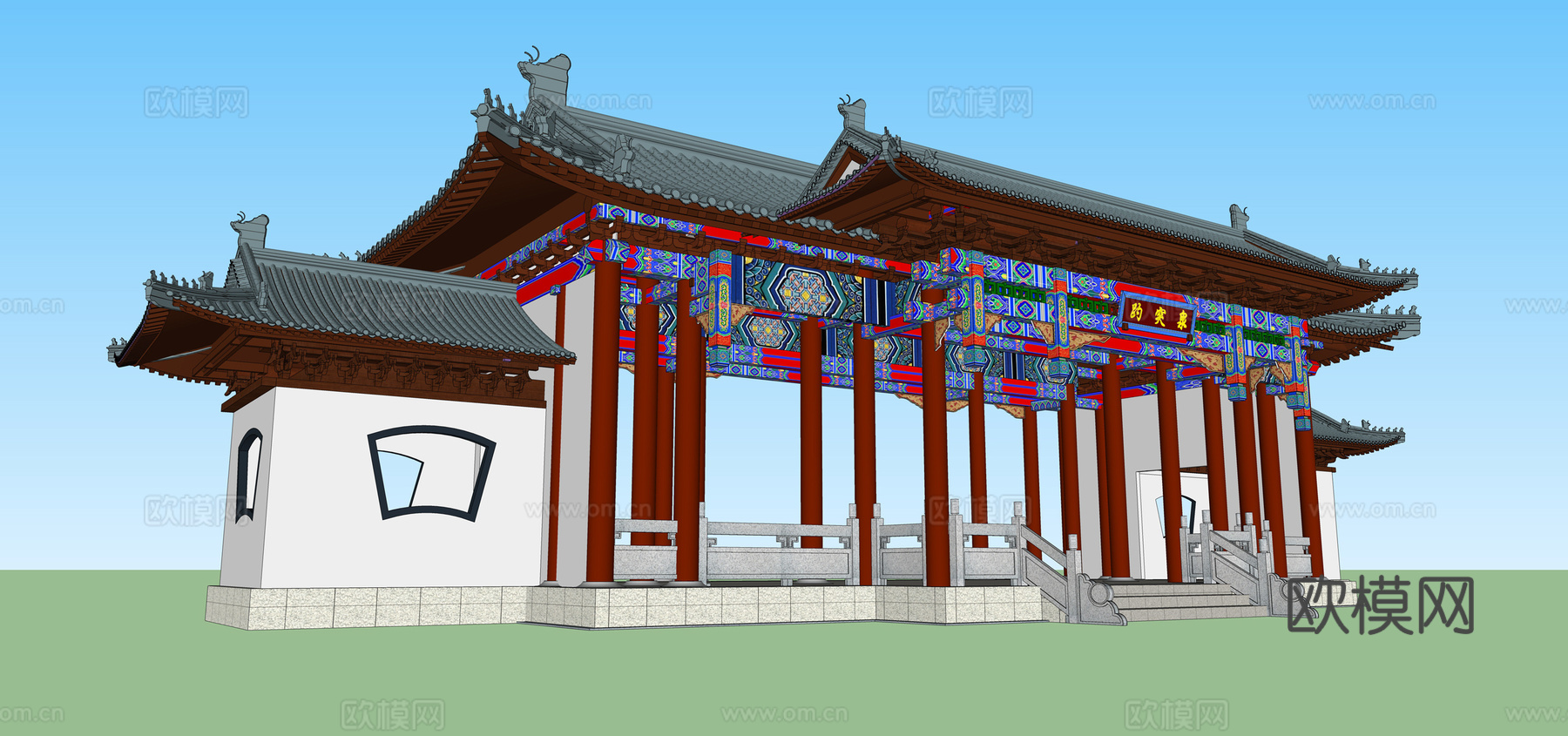 中式古建景区大门su模型下载