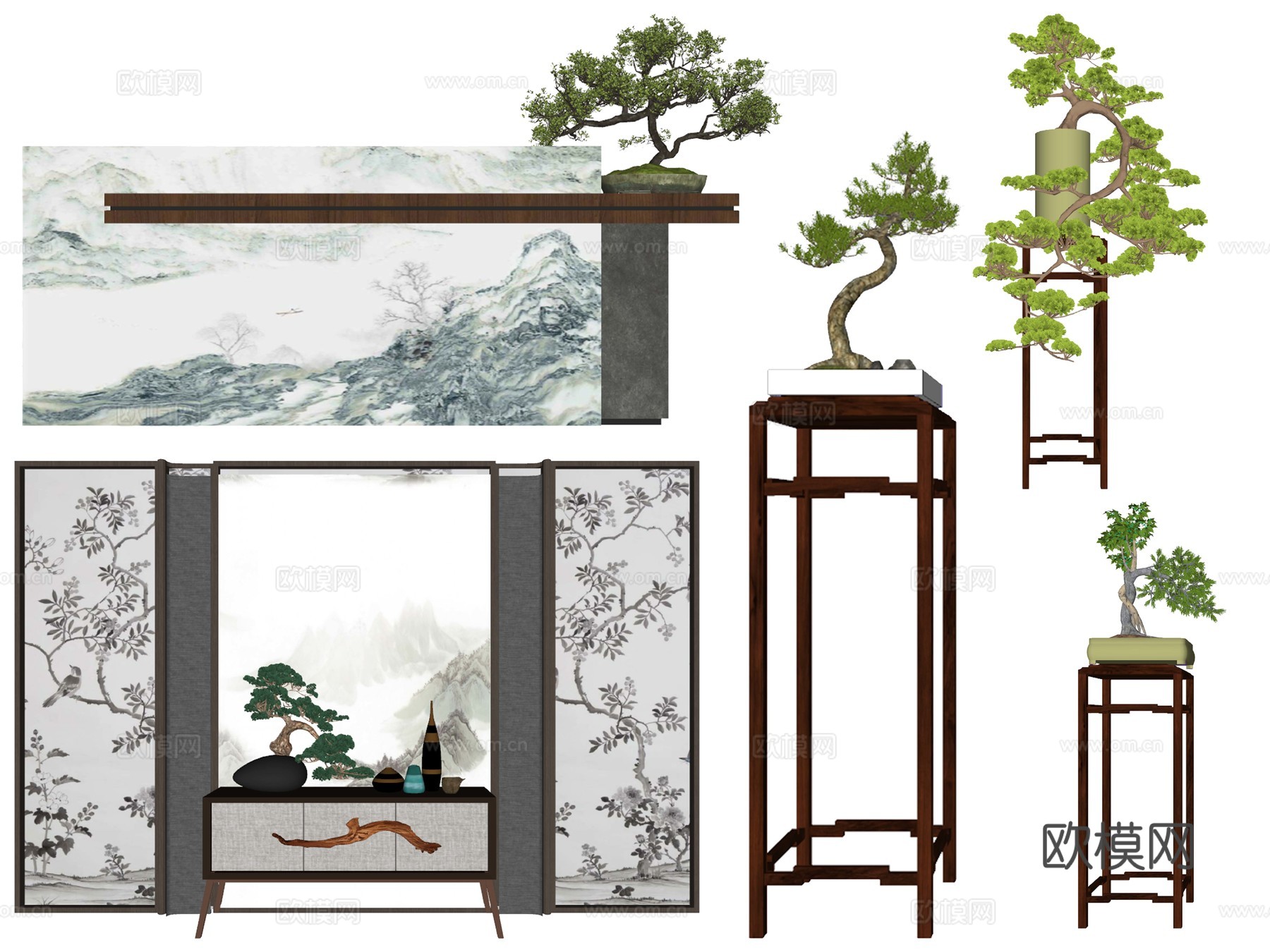 新中式松树盆景盆栽su模型下载
