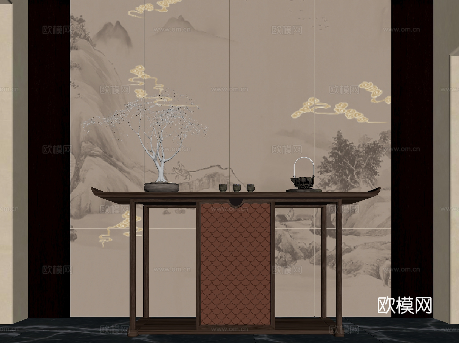013玄关 新中式玄关 端景柜 玄关柜 盆栽盆景 摆件su模型