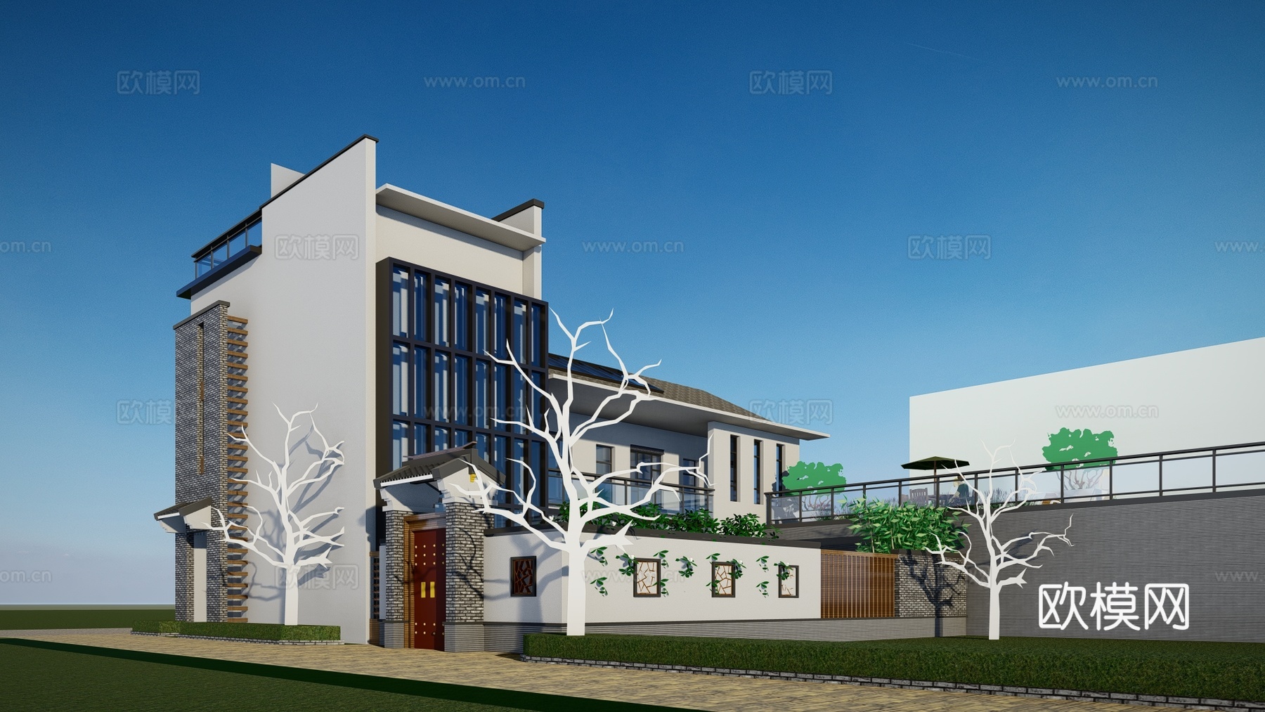 新中式独栋别墅外观su模型下载