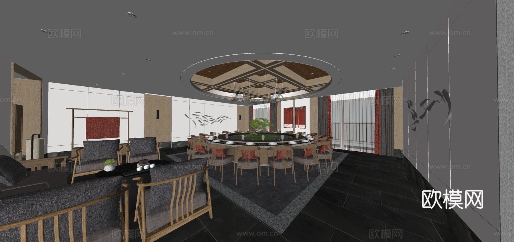新中式餐厅包房su模型下载
