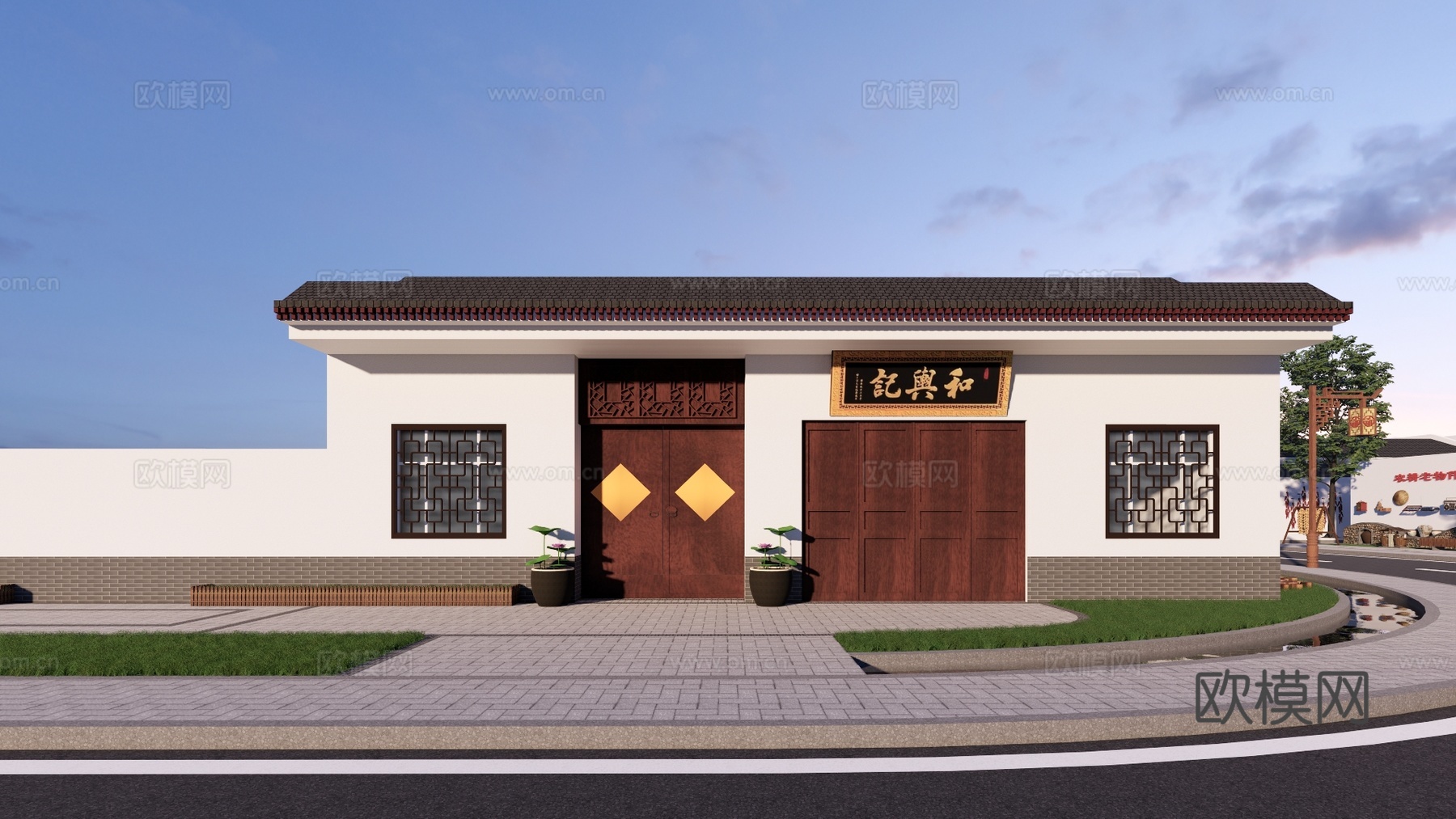 新中式乡村文化景观墙su模型下载