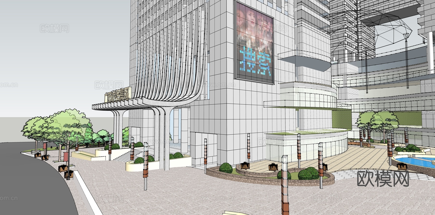 现代城市商务酒店建筑外观su模型下载