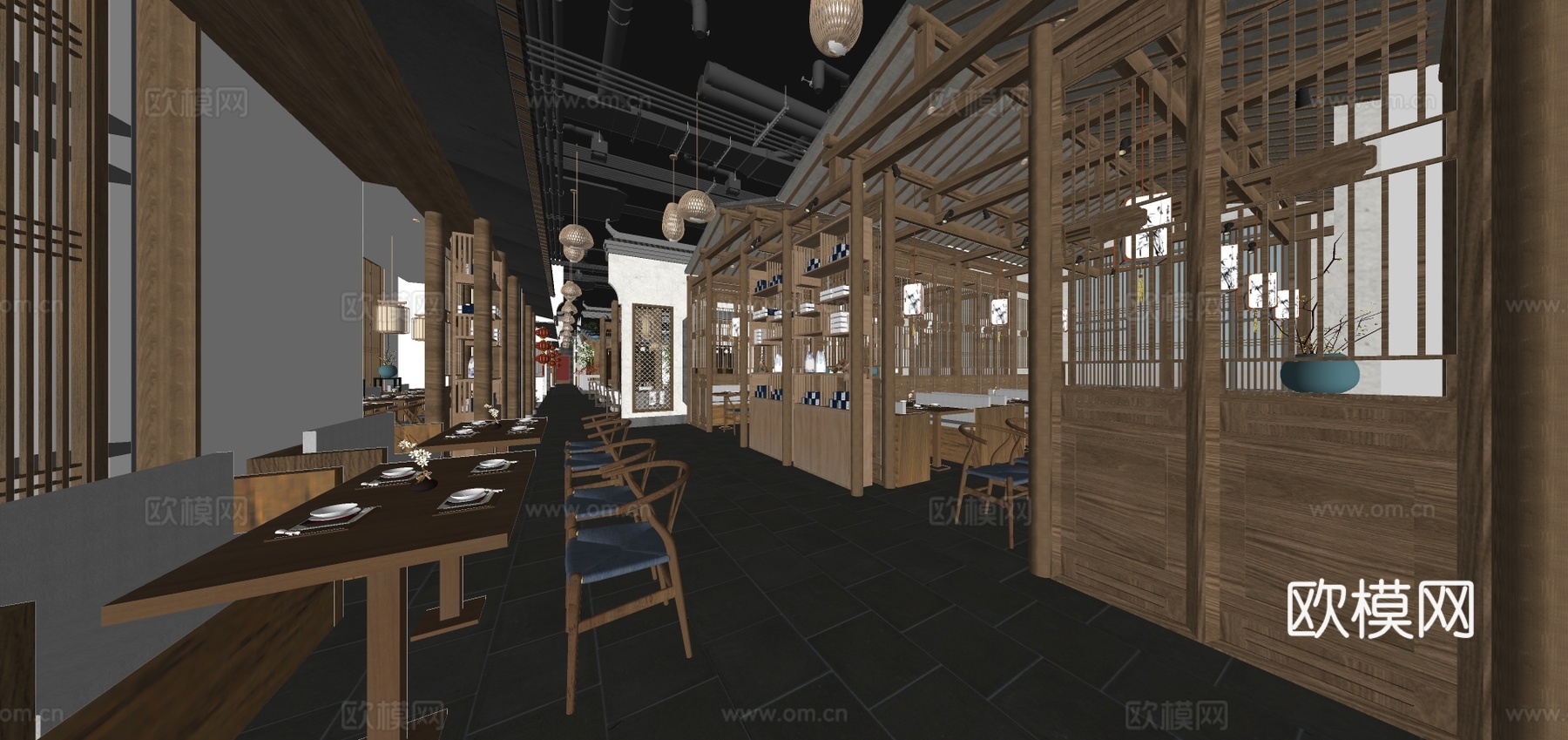 新中式中餐厅su模型下载