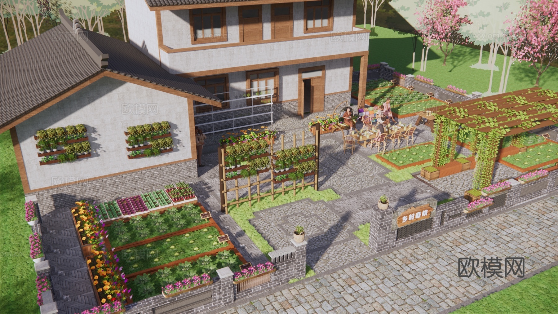 新中式乡村民宿庭院花园su模型下载