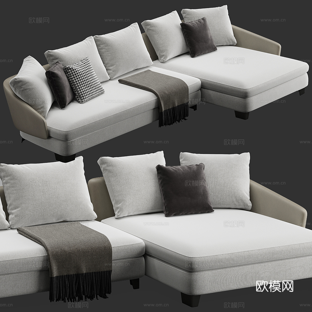 现代意式布艺皮革转角沙发3d模型