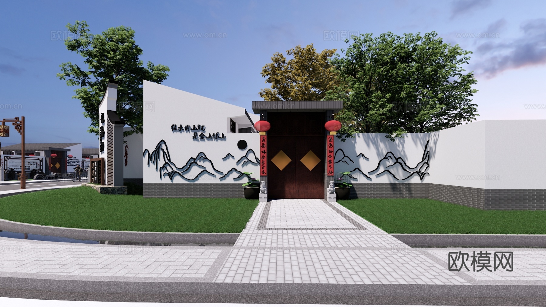 新中式乡村文化景观墙su模型下载