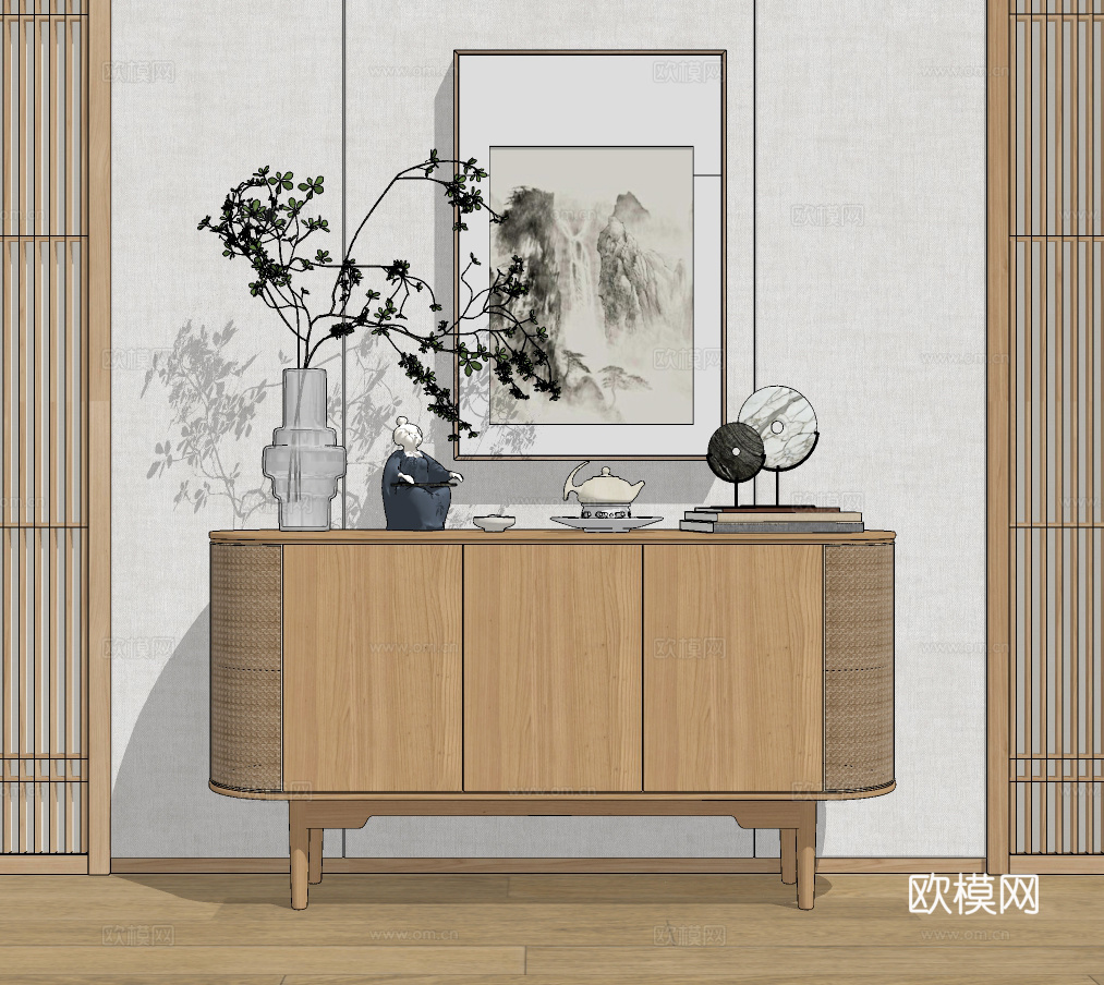 日式原木边柜su模型下载