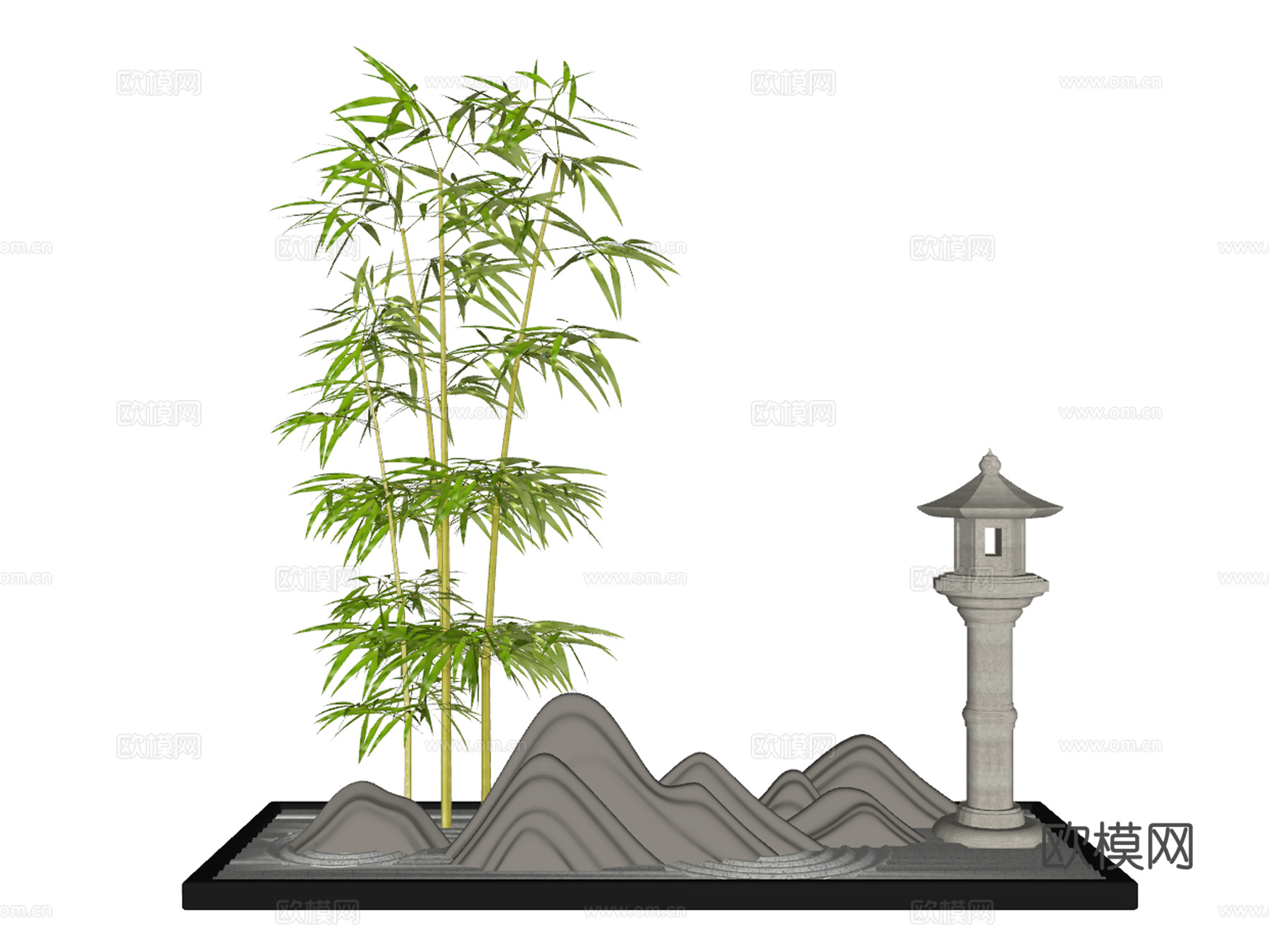 新中式禅意片石翠竹园艺小品su模型下载