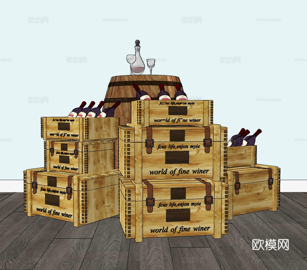 现代红酒箱木桶红酒su模型下载