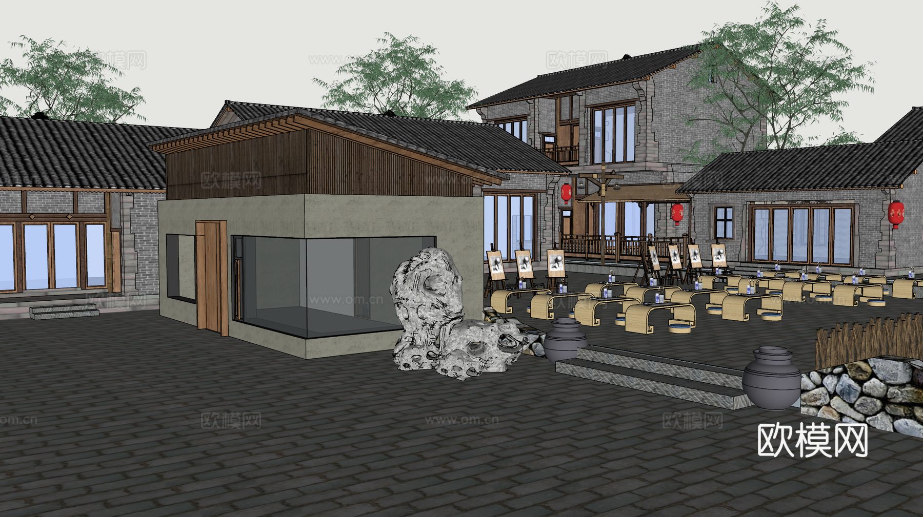 新中式乡村民宿建筑外观su模型下载