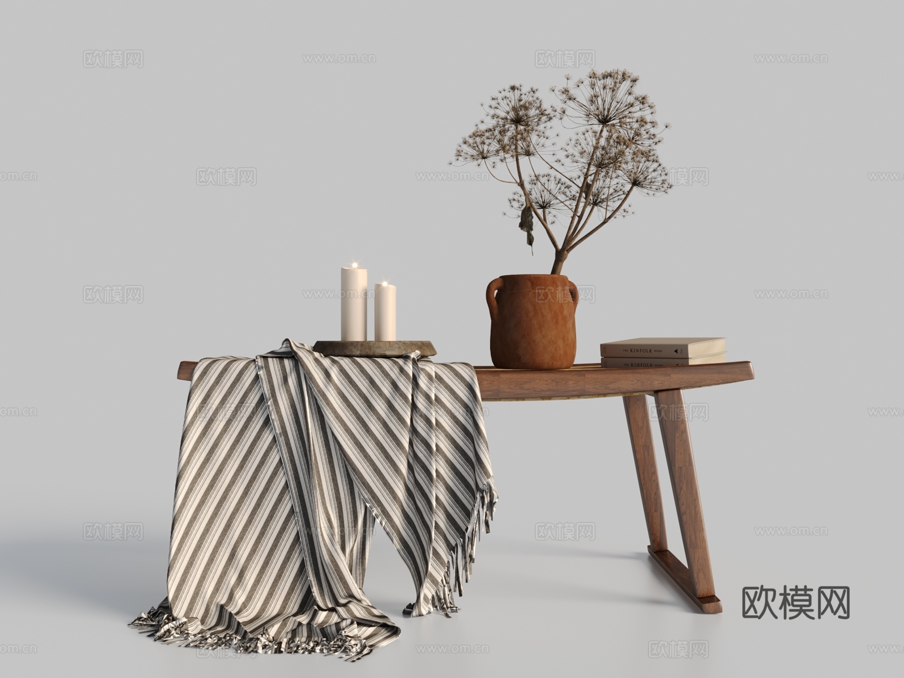 现代长凳 布料 绿植 书本 蜡烛3d模型