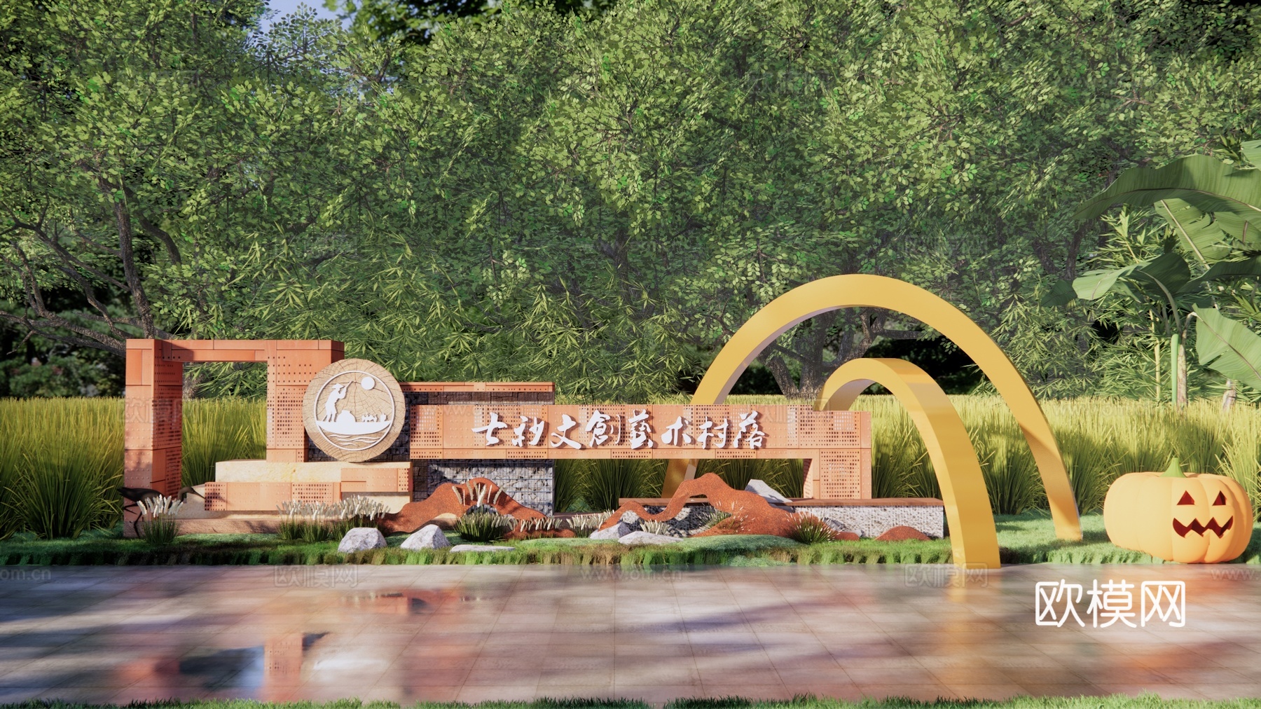 现代入口雕塑景墙su模型下载