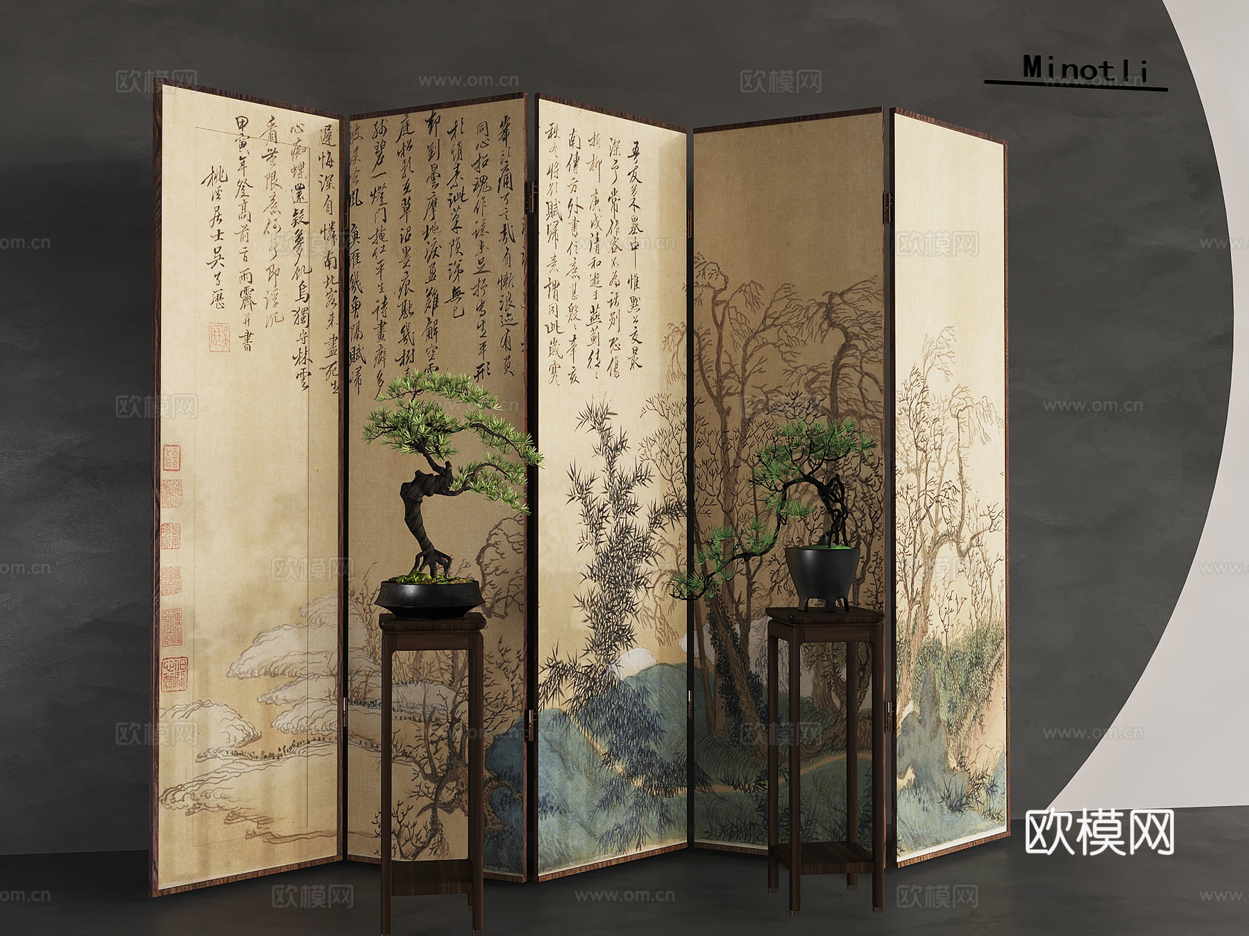 新中式 隔断 花格屏风玄关 高低伸缩式格栅丝绢灯屏风隔断su模型
