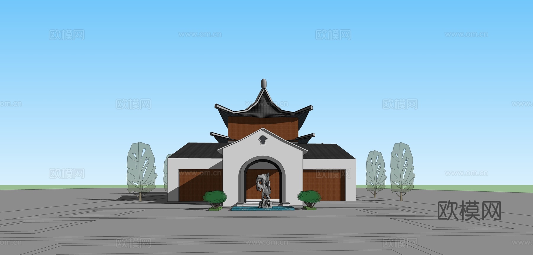 新中式游客中心建筑外观su模型下载