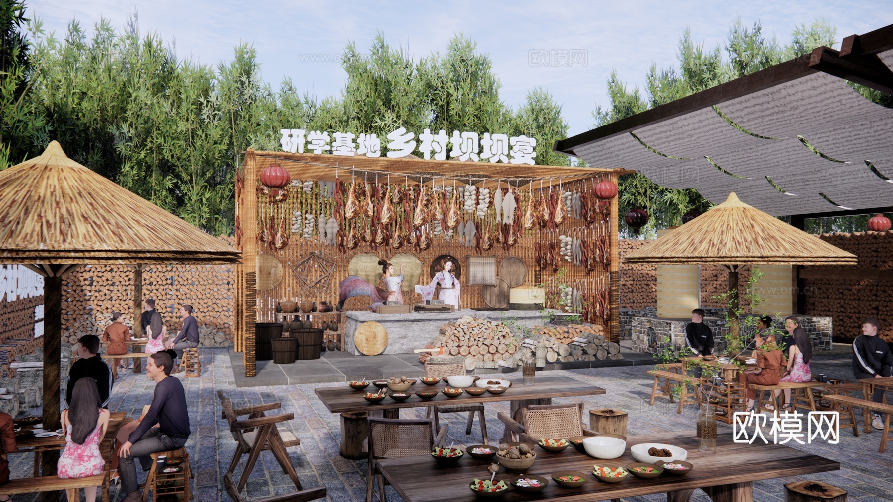 现代乡村美食庭院 农村坝坝宴 腊肉香肠su模型下载